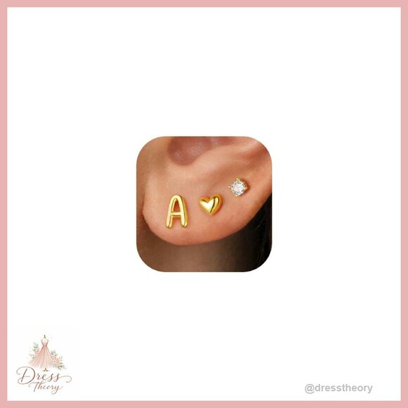 Jewelry - 3-Pair 14K Gold Plated Stud Earrings Set with Initial Heart Zircon